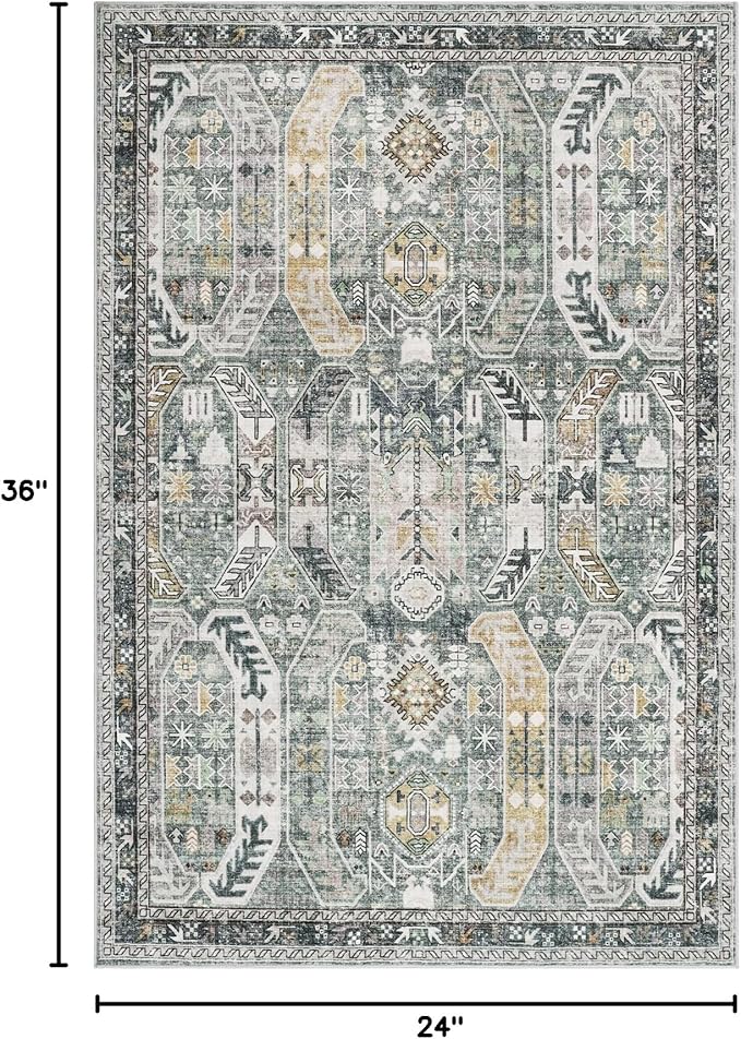 Madane Washable Area Rug 2x3, Small Entryway Rug Non-Slip Vintage Door Mat Indoor Entrance, Low Pile Floor Carpet for Inside Front Door Bedroom Kitchen Entry Laundry (2'x3', Green/Gold)