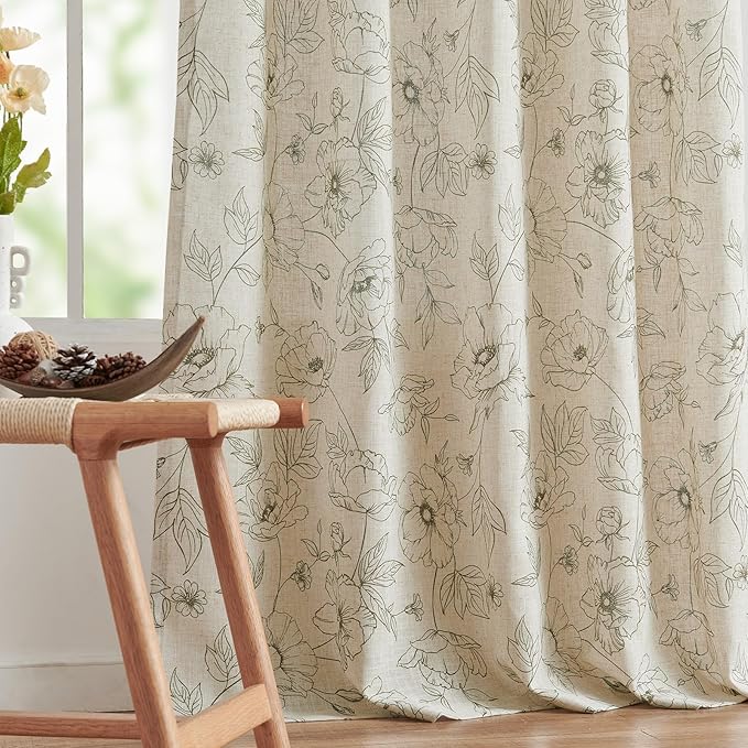jinchan Floral Linen Curtains for Living Room 84 Inch Length Green Flower Curtain Rod Pocket Back Tab Farmhouse Curtains with Printed Floral Bedroom Window Curtain Set, 2 Panels Green
