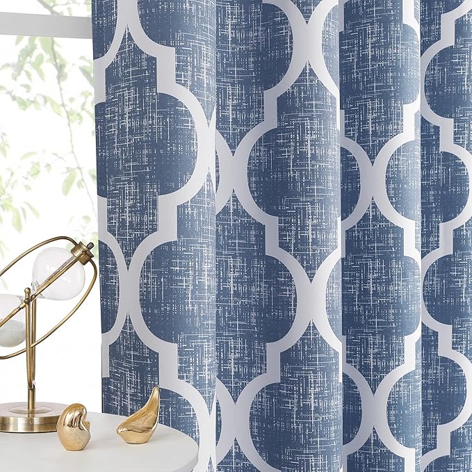 Beauoop 100% Blackout Curtains 63 Inches Long 2 Panels for Bedroom Living Room Blue Moroccan Geo Room Darkening Thermal Insulated Soundproof Grommet Top Window Treatments Drapes, 50x63 Set of 2