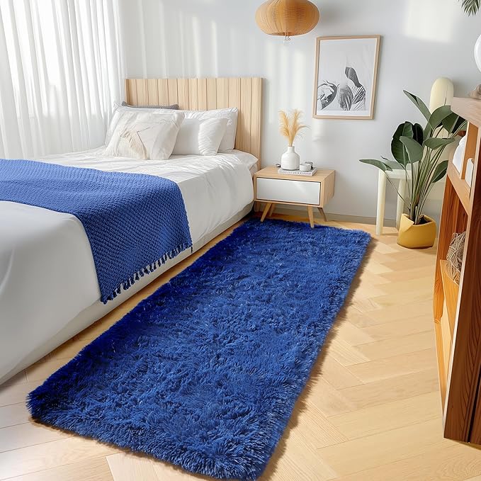 ONASAR Navy Blue Runner Rugs for Bedroom Living Room, Fluffy 2x6 Bedside Hallway Area Rug, Ultra Soft Plush Furry Faux Fur Non Slip Floor Carpet for Nursery Kids Dorm Closet Home Decor