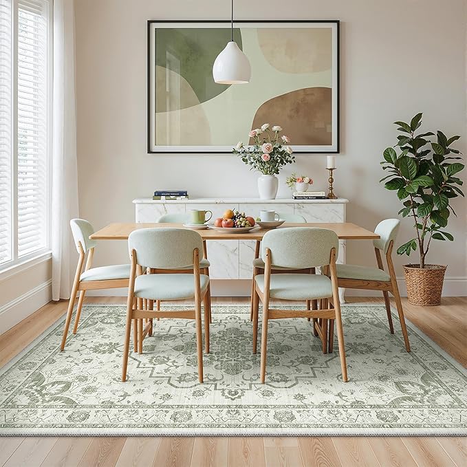 Madane 9x12 Area Rugs for Living Room, Machine Washable Vintage Green Rug with Non-Slip Backing, Soft Throw Large Rug, Thin Carpet for Bedroom Dining Room Farmhouse Under Table, Green/Ivory