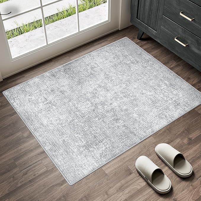 2x3 Entryway Area Rug Vintage Washable Small Carpet Indoor Non Slip Grey Kitchen Entrance Mat Low Pile Retro Accent Distressed Throw Rug for Bathroom Bedroom Dining Living Room