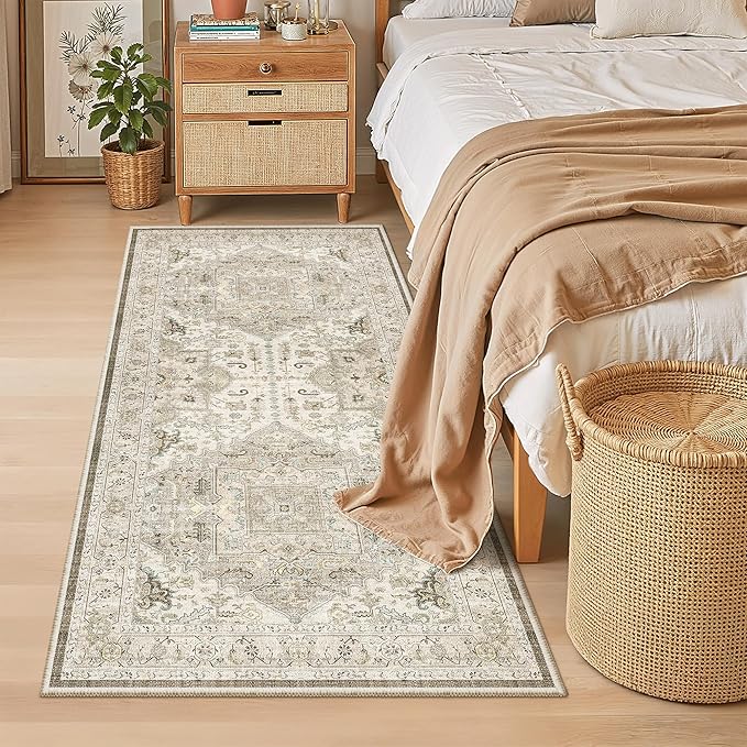 Madane Hallway Runner Rug 3x6 - Washable Kitchen Rugs Entryway Rug Runner Vintage Soft Floor Mat Non Slip Indoor Farmhouse Carpet for Bathroom Living Room Bedroom (3 X 6, Ivory/Brown)