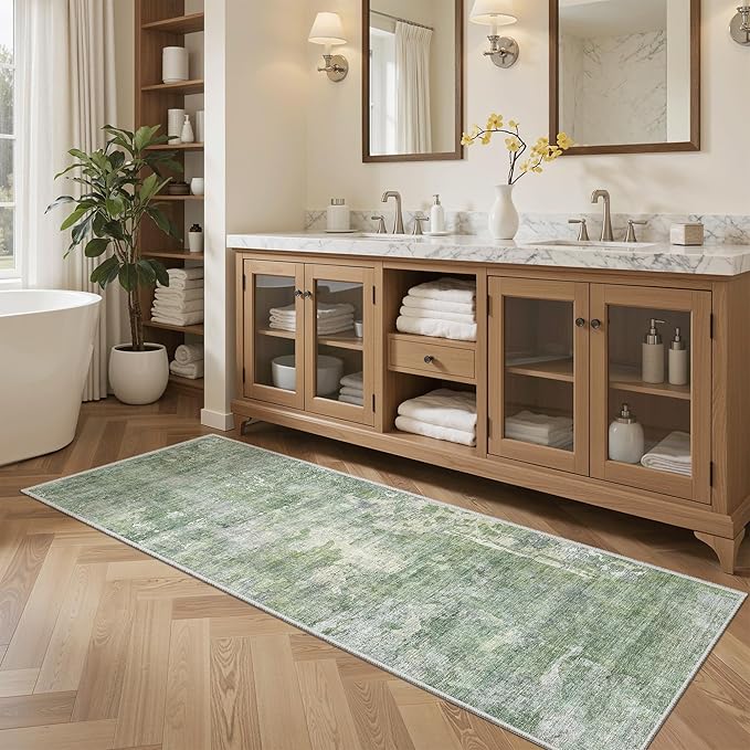 Runner Rug 2x6 Washable Non-Slip Kitchen Runner Rugs for Bathroom Laundry Room Green/Ivory Vintage Floor Carpet Runners for Hallway Entryway