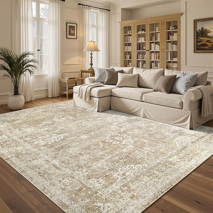 Madane 5x7 Area Rugs for Living Room, Washable Vintage Natural Rug with Non-Slip Backing, Soft Floral Print Throw Rugs Floor Low Pile Carpet for Bedroom Dining Room Farmhouse (5 x 7, Beige/Brown)