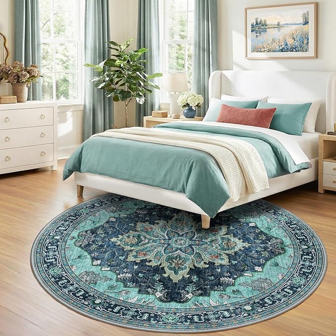 RELEANY Area Rugs 8ft Washable Non-Slip, Floral Vintage Distress Print Pattern Medallion Carpet for Living Room Bedroom Dining Room, Teal Green Lake Blue Turquoise