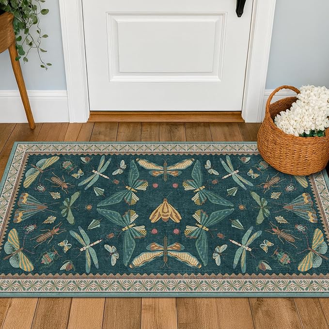 Hazo Haus Emerald Green Entry Rugs for Inside House - 2x4 Kitchen Rugs Non Slip for Bathroom, Powder Room, Vintage Unique Colorful Décor, Washable Stain & Fade Resistant