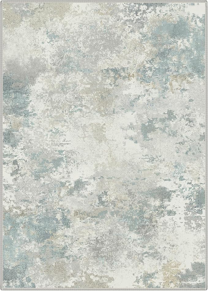 Area Rugs 5x7 for Living Room Bedroom, Modern Abstract Machine Washable Rug, Large Soft Low Pile Floor Carpet with Non Slip Backing for Dining Room, Light Cream Blue