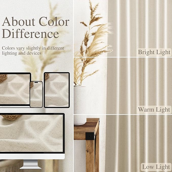 Nanspring Vanilla Linen Curtains 96 Inches Long for Living Room Modern Farmhouse Decor Luxury Light Filtering Semi Sheer Curtain Back Tab Coastal Drapes for Bedroom Office 52x96, 2 Panels