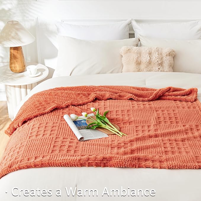 EXQ Home Fleece Throw Blanket for Couch or Bed - 3D Waffle Patchwork Pattern Jacquard Decorative Blankets - Cozy Soft Fuzzy Flannel Blanket Suitable for All Seasons(50"×60",Terracotta)