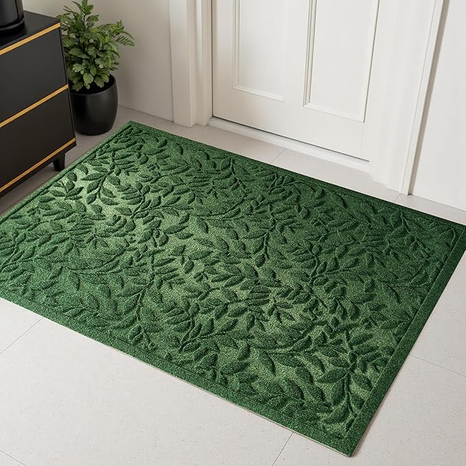 Green Leaves Outdoor Indoor Entrance Door mat, Absorbent Durable Heavy Duty Welcome Front Door Mat,Thick Natural Rubber Back,Easy Clean Entryway Mat 47x32 Inch, Low Profile