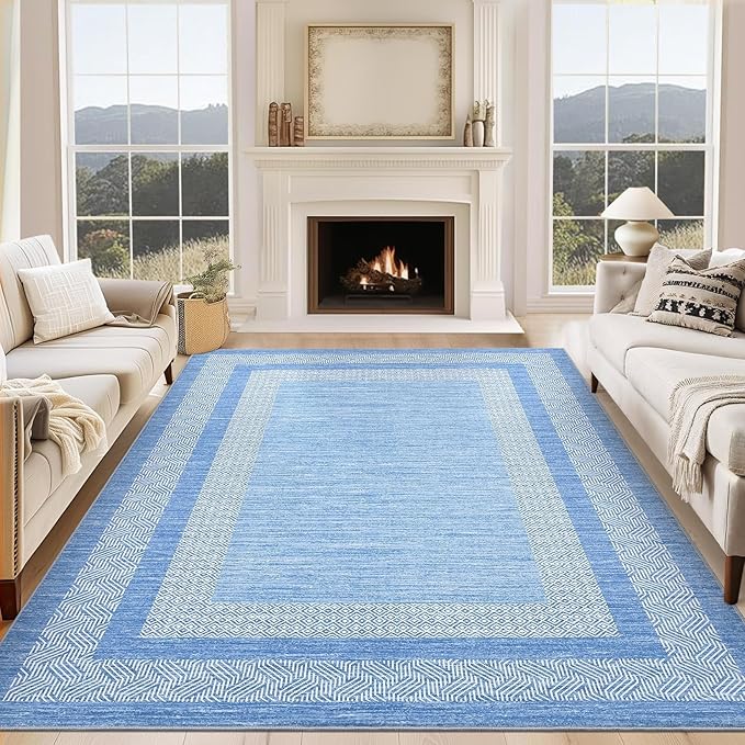 GarveeHome 9x12 Large Modern Light Blue Area Rug Distressed Bordered Soft Non Shedding Floor Carpet, Geometric Washable Non Slip Low Pile Indoor Area Rug for Living Room, Bedroom