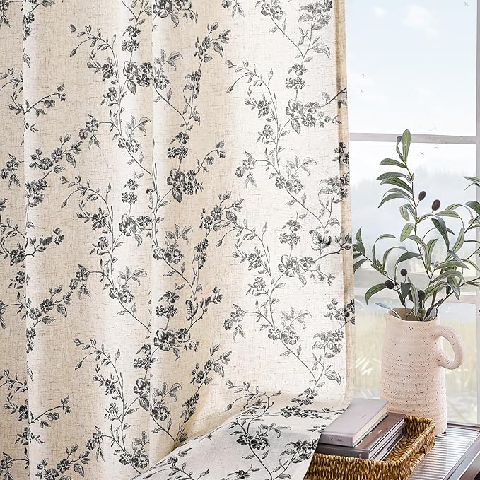 Lazzzy Farmhouse Linen Curtains Black Floral Curtains 96 Inch Length Back Tab Drapes for Living Room Bedroom Light Filtering Country Vintage Rod Pocket Curtain, 2 Panels, Black on Beige