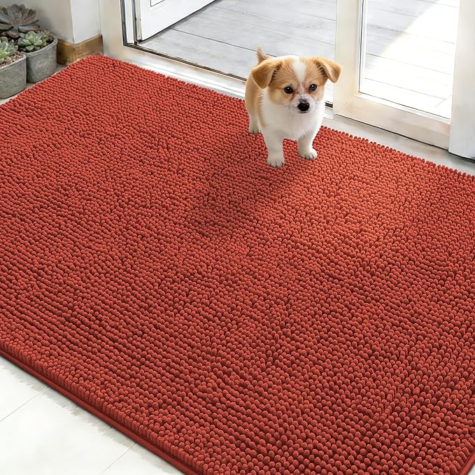 OLANLY Dog Door Mat for Muddy Paws 48x30, Absorbs Moisture and Dirt, Absorbent Non-Slip Washable Doormat, Quick Dry Chenille Mud Mat for Dogs, Entry Indoor Entryway Carpet for Inside Floor, Maple Red