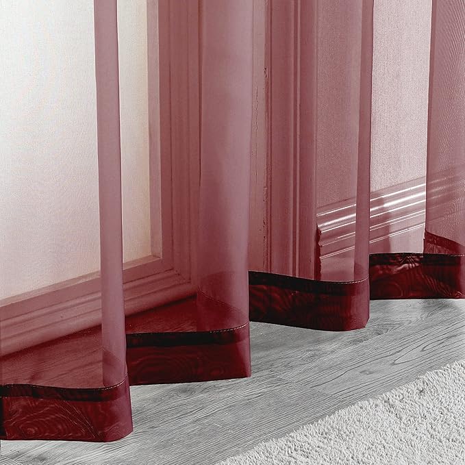 OWENIE Sheer Curtains, Sheer Curtains 63 inch Length 2 Panels Set, Rod Pocket Voile Fimly Sheer Drapes for Living Room/Bedroom, 2pcs, Each 42" W x 63" L, Burgundy
