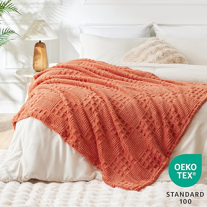 EXQ Home Fleece Throw Blanket for Couch or Bed - 3D Waffle Patchwork Pattern Jacquard Decorative Blankets - Cozy Soft Fuzzy Flannel Blanket Suitable for All Seasons(50"×60",Terracotta)