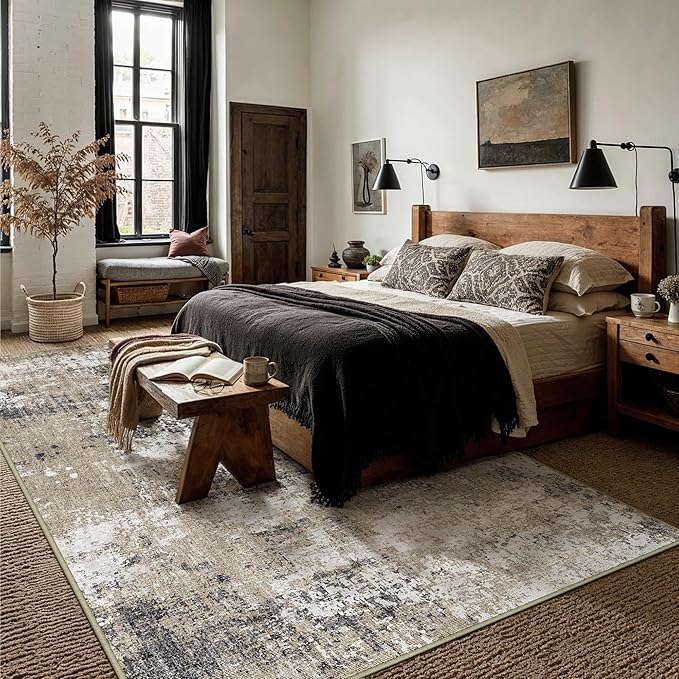 PureCozy 8x10 Abstract Area Rug Brown Washable Modern Neutral Living Room Carpet Non Slip Ultra Soft Low Pile Contemporary Bedroom Large Rug Indoor Office Dining Room Under Table Playroom