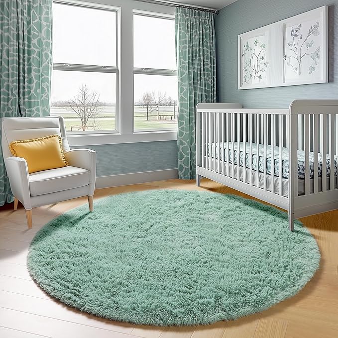 ONASAR Sage Green Round Area Rugs 6ft, Fluffy Soft Bedroom Circle Rug for Kids Girls Boys Teen Room, Cute Furry Plush Shaggy Carpet Floor Mats for Nursery Living Room Playroom Dorm Home Decor