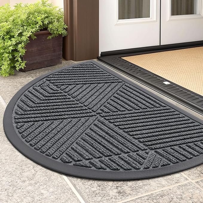 Smiry Half Circle Front Door Mat Outside Entrance, Heavy Duty Sturdy Natural Rubber Doormat, Trap Dirt and Moisture, Low Profile Mats for Indoor Outdoor Entry, Irregular Triangle (29.5x17, Grey)