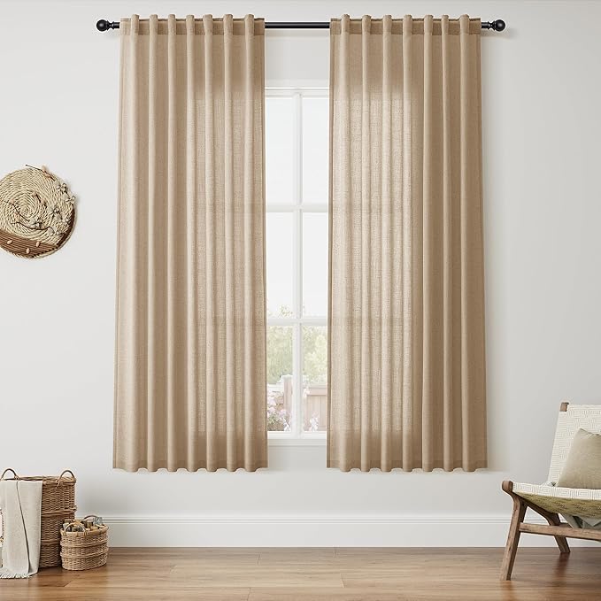 Nanspring Sand Beige Curtains 63 Inch Length for Living Room Flax Linen Semi Sheer Simple Semi Sheer Modern Curtains Back Tab Privacy Light Filtering Curtain for Bedroom Office 52x63, 2 Panels