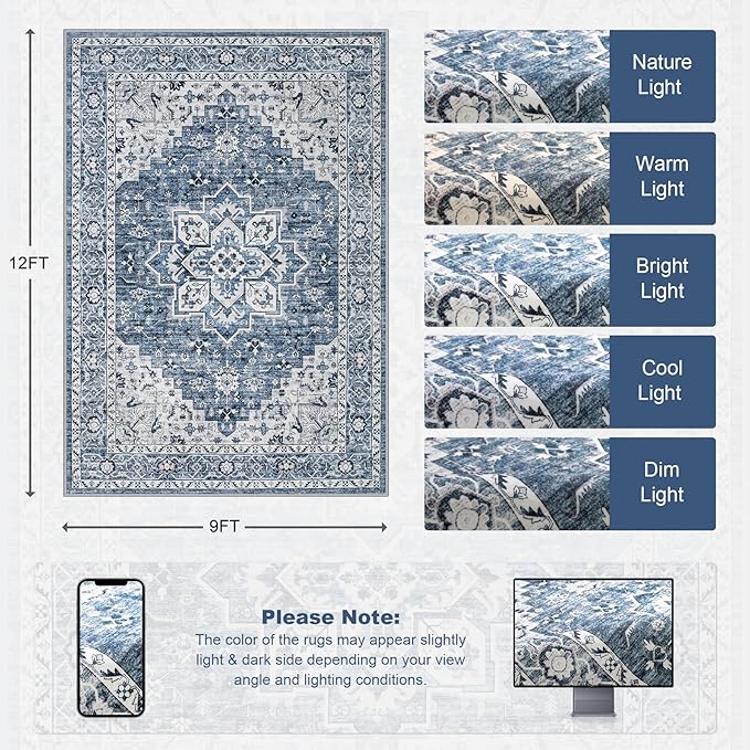 Area Rugs 9x12 Living Room Rug: Washable Rug Soft Vintage Boho Medallion Carpet Indoor Floor Non-Slip Stain Resistant Large Carpets for Bedroom Dining Room Farmhouse Nursery Home Office Blue