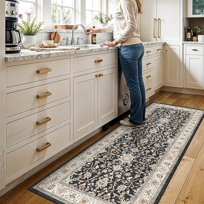 Washable 3x7 Kitchen Runner Rug: Non-Silp Runners Mat for Entryway Bathroom Indoor Entry Hallway Bedroom Laundry Soft Low Pile Distressed Carpet (Black, 3X7)