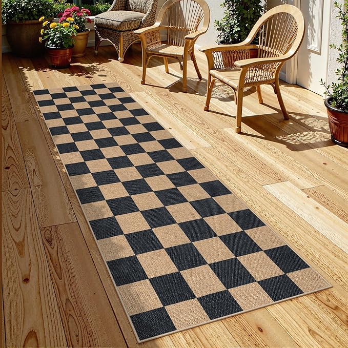 Lahome Colette Checkered Easy Jute Runner Rug, 2x8 Kitchen Rug Non Slip Washable Outdoor Runner for Entryway Indoor, Checkerboard Black Indoor Outdoor Carpet for Hallway 8ft Entry