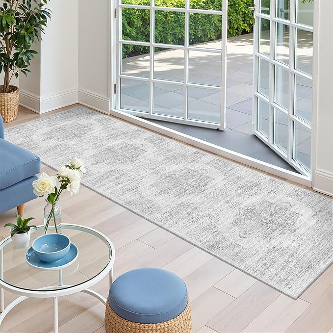 2x8 Runner Rug, Washable Runners for Hallways wirh Rubber Backing, Stain Resistant Kitchen Rug, Soft Thin Carpet Runner for Entrance, Bedroom, Living Room Indoor(2'x8', Light Grey/White)