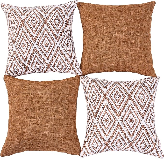 HPUK Decorative Throw Pillow Covers Set of 4 Geometric Design Linen Cushion Cover for Couch Sofa Living Room, 18"x18" inches, Golden Brown