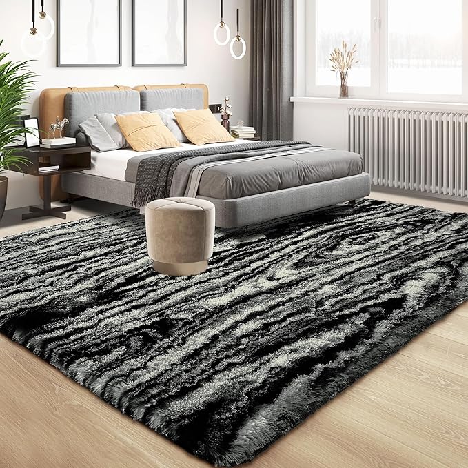Tepook Fluffy Large Rugs for Living Room, Shag Area Rug 6x9 Soft Carpet for Bedroom, Modern Shaggy Rug for Kids Boys Girls, Plush Indoor Nursery Home Decor Rug with Non-Slip Bottom, Black White