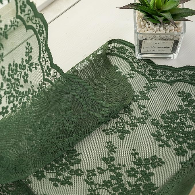 YJ YANJUN Vintage Lace Curtains 63 Inch Length-Victorian Floral Dark Olive Green Sheer Curtains 1 Pair Transparent Voile for Bedroom Kitchen Sunroom Bohemian Christmas Decor Rod Pocket W52 x L63