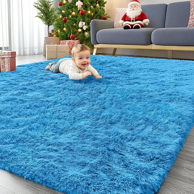 OLANLY 8x10 Machine Washable Large Area Rugs for Living Room, Bedroom, Soft Fluffy Shaggy Bedside Rug, Indoor Floor Carpet for Kids Girls and Boys, Dorms, Nursery, Home Decor Aesthetic, Bright Blue