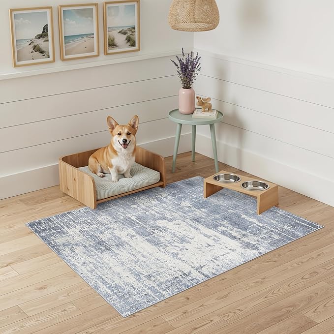 Washable 2x3 Entryway Area Rug: Modern Abstract Neutral Kitchen Rug Vintage Soft Floor Mat for Stove & Sink Area Non-Slip Indoor Farmhouse Carpet for Bathroom Bedroom Boho Beside Rug(2x3,Blue/Ivory)