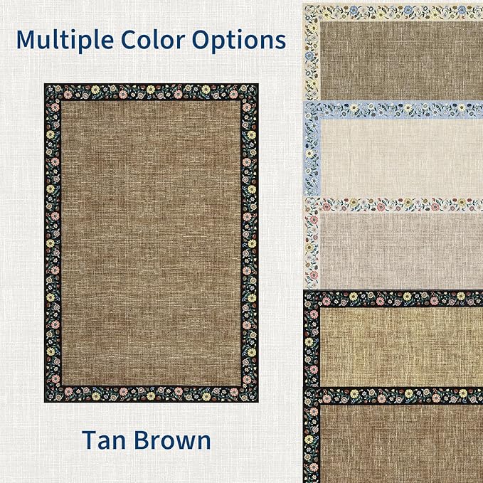 GarveeHome Washable Living Room Rug 9x12 Floral Bordered Area Rugs Soft Thin Indoor Carpet for Bedroom Modern Throw Aesthetic Mat Non Slip Stain Resistant Carpet for Dining Room Office, Brown