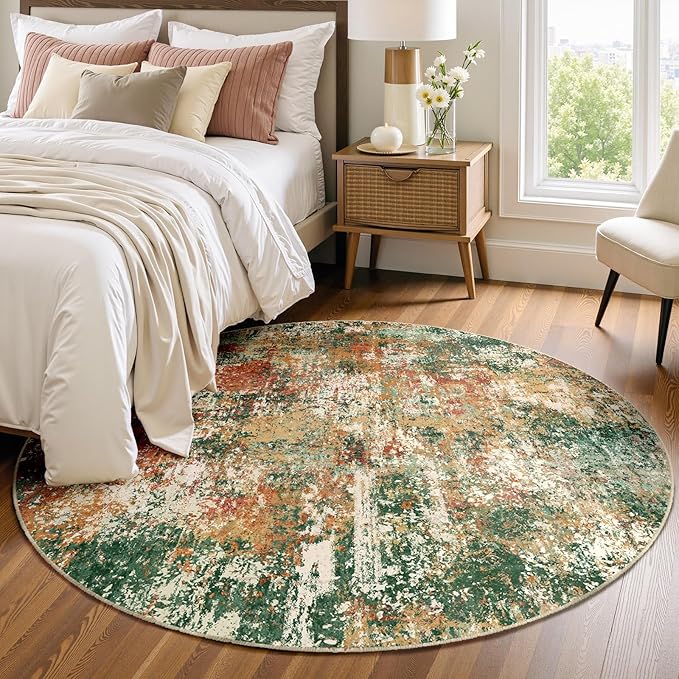 Washable Area Rugs 4ft Non-Slip Modern Abstract Soft for Living Room Entryway Bedroom Nursery, Print Pattern, Green Orange Rust Red Cream Colorful
