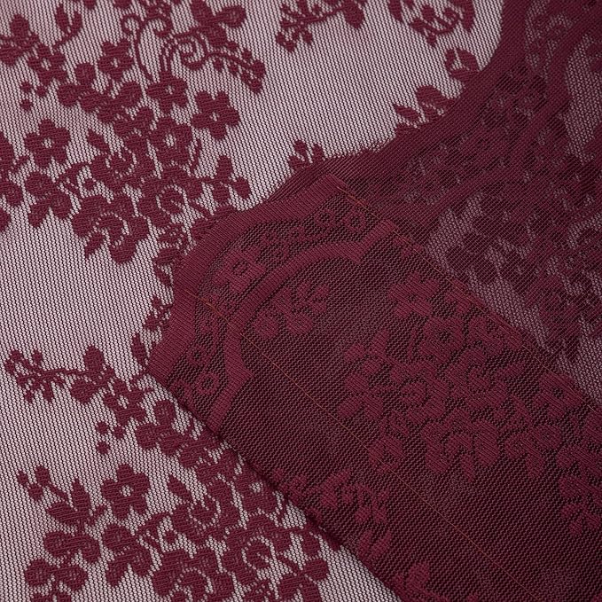 YJ YANJUN Vintage Lace Curtains 72 Inch Length -Dark Maroon Curtains for Bedroom Retro Floral Voile Sheer Panels with Scalloped Edge Rod Pocket Privacy Farmhouse 60s 70s Decor Burgundy W52 X L72