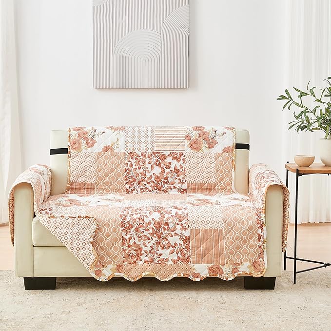 Great Bay Home Reversible Patchwork Loveseat Cover - Washable Slipcover Furniture Protector with Elastic Straps - Perfect for Kids & Pets - Box-Stitched Detail (Dusty Rose)