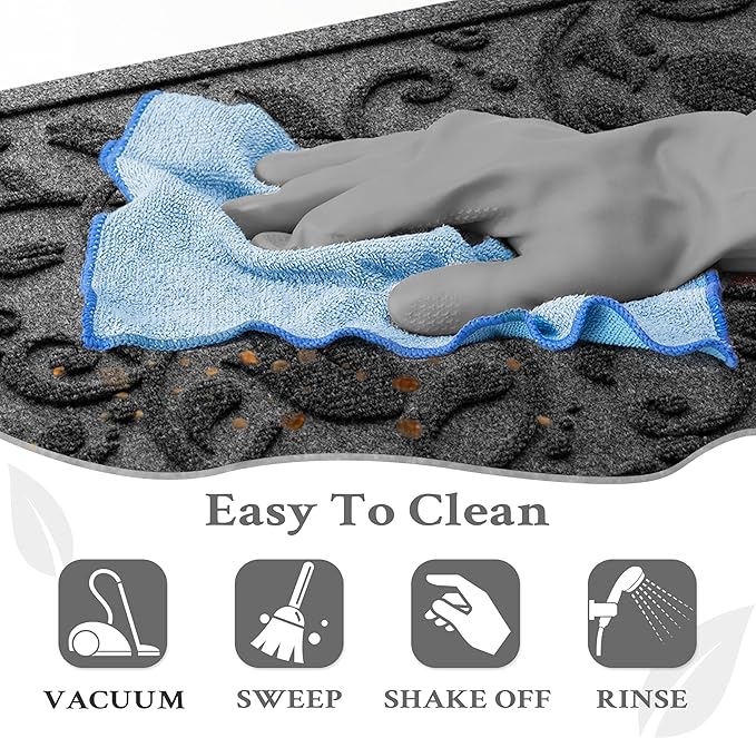 Boho Grey Floral Leaves Outdoor Indoor Entrance Doormats, Absorbent Durable Heavy Duty Welcome Front Door Mat,Thick Natural Rubber Back,Easy Clean Entryway Mat 17x30 Inch, Low Profile