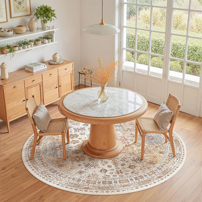 zesthome Washable Round Area Rugs - Non-Slip 6ft Round Rugs, Ultra-Thin Large Circle Rugs for Living Room, Soft Low Pile Rug for Bedroom, Kitchen, Nursery - Vintage Stain Resistant Round Rug