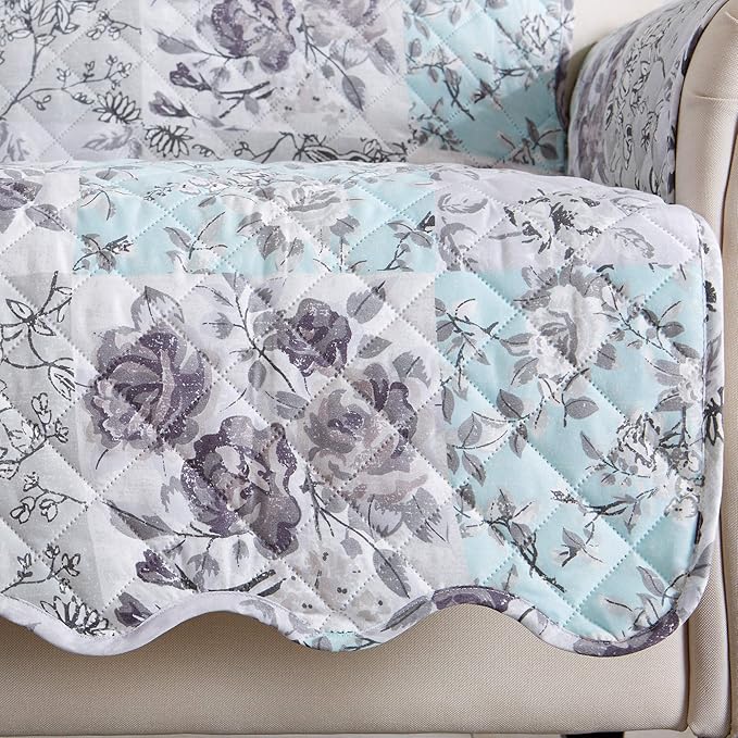 Great Bay Home Reversible Floral Patchwork Chair Furniture Protector - Machine Washable, Scalloped Edge, Stain Resistant, Printed Furniture Cover for Dogs, Kids, and Pets (Gray/Aqua)