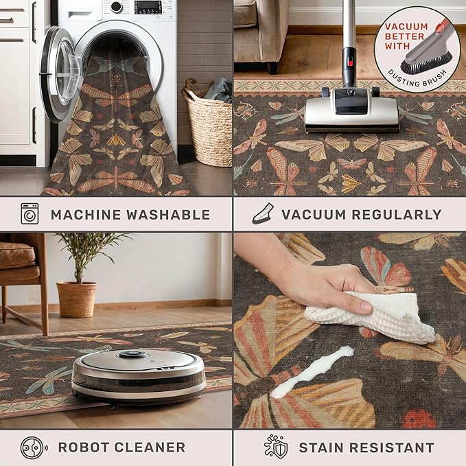Boho Brown 3x5 Entryway Rugs Indoor - Farmhouse Kitchen Throw Area Rug, Insect Carpet for Bedroom, Mudroom, Laundry Room, Unique Home Décor, Low Pile & Soft Mat
