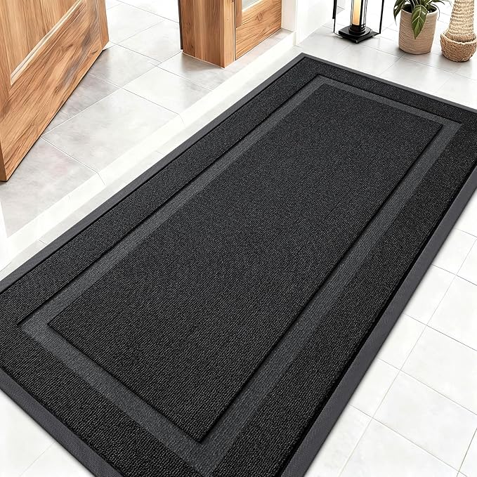 OLANLY Front Door Mat Indoor Outdoor Entrance, Waterproof All-Season, All-Weather Doormat, Sturdy Natural Rubber, Low Profile, Easy Clean Patio Porch Entryway Mat, 47x23, Jet Black
