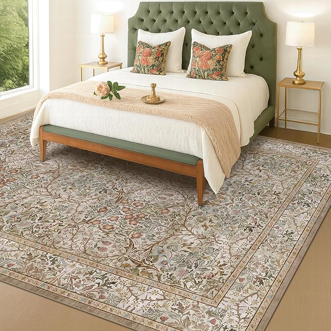 Hazo Haus Vintage Moss Green Living Room Rug, 7x10 Washable Large Area Rugs for Bedroom, Dining Room Rugs Under Kitchen Table, Oriental Taupe Low Pile Stain Resistant Non-Slip