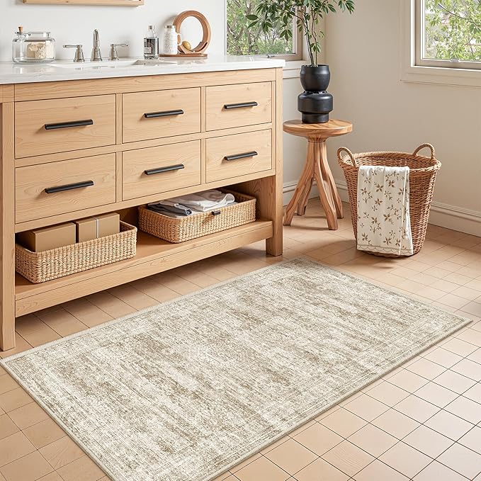 2x4 Washable Rug Runner for Bathroom, Soft Entryway Rug for Laundry Room, Kitchen, Vintage Abstract Hallway Runner for Bedroom, Anti-Slip Door Mat Indoor Entrance(2'x4', Brown/Ivory)