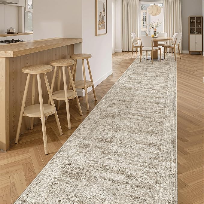 Runner Rug 2'6" x 14' Washable Non-Slip Runner Rugs for Kitchen Bathroom Laundry Room Vintage Ultra Thin Runners for Hallway Entryway Brown