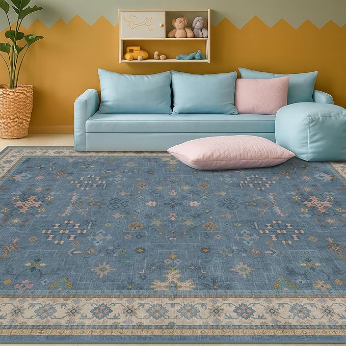 Boho 6x9 Living Room Rugs - Modern Dark Blue Dining Room Rug for Under Table, Lightweight Washable Foldable Low Pile Carpet, Eclectic Floral Bedroom Décor Aesthetic