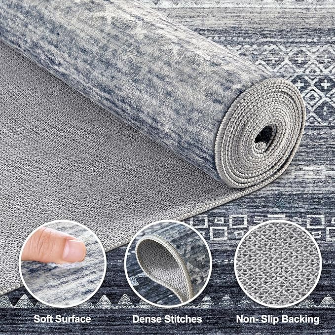 Nakagishi Area Rugs 9x12 Living Room Rug: Washable Boho Large Neutral Modern Soft Stain Resistant Indoor Floor Non-Slip Moroccan Accent Carpet for Bedroom Nursery Kid Playroom Office Dining Room- Blue