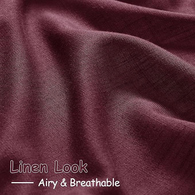 Nanspring Burgundy Linen Curtains 84 Inch Length 2 Panels Set for Living Room Rod Pocket Back Tab Light Filtering Window Drapes for Bedroom Dining Room Protect Privacy Modern Farmhouse Decor 52x84