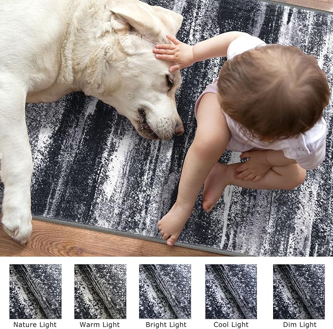 Lansny Modern Abstract Entryway Rug Indoor 2x3 Washable Rug Non-Slip Soft Small Area Rug Black Grey Kitchen Mats Thin Print Faux Wool Floor Carpet Throw Rugs for Entrance Bedroom