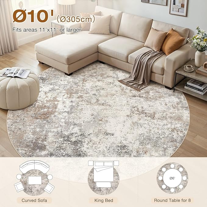 UERMEI 10ft Round Area Rug Living Room Rugs - 10x10 Washable Large Neutral Modern Abstract Soft Thin Rug Indoor Floor No Slip Rug Carpet for Bedroom Under Dining Table Home Office Decor - Brown Grey